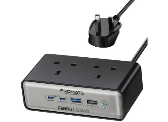 Promate PowerBrix2-GaN65 65W Power Delivery GaNFast Charging Station with 3250W Dual AC Socket, GaN Technology, Dual USB Port, Multi Protection System, Black | PowerBrix2-GaN65 - Black